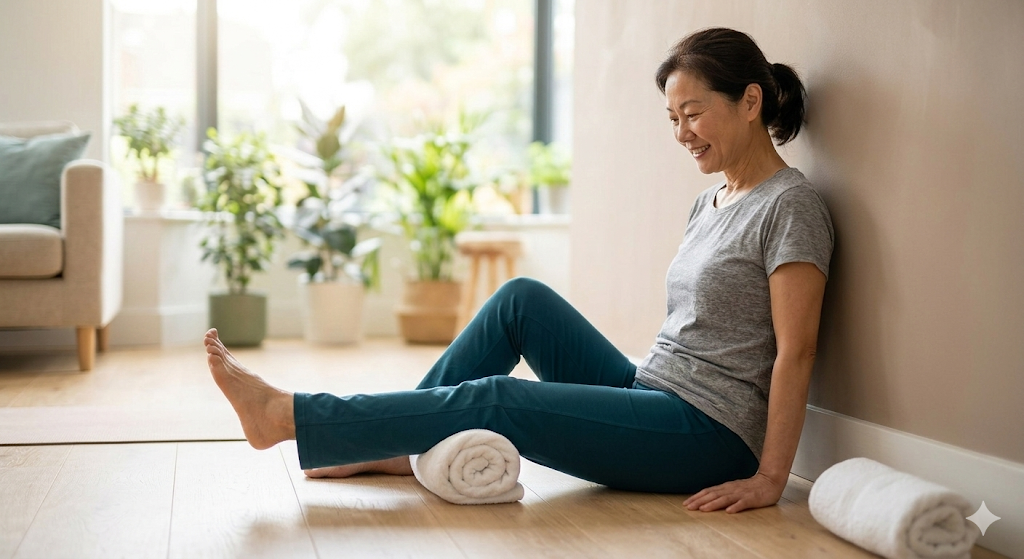 등척성 대퇴사두근 운동을 하는 여성