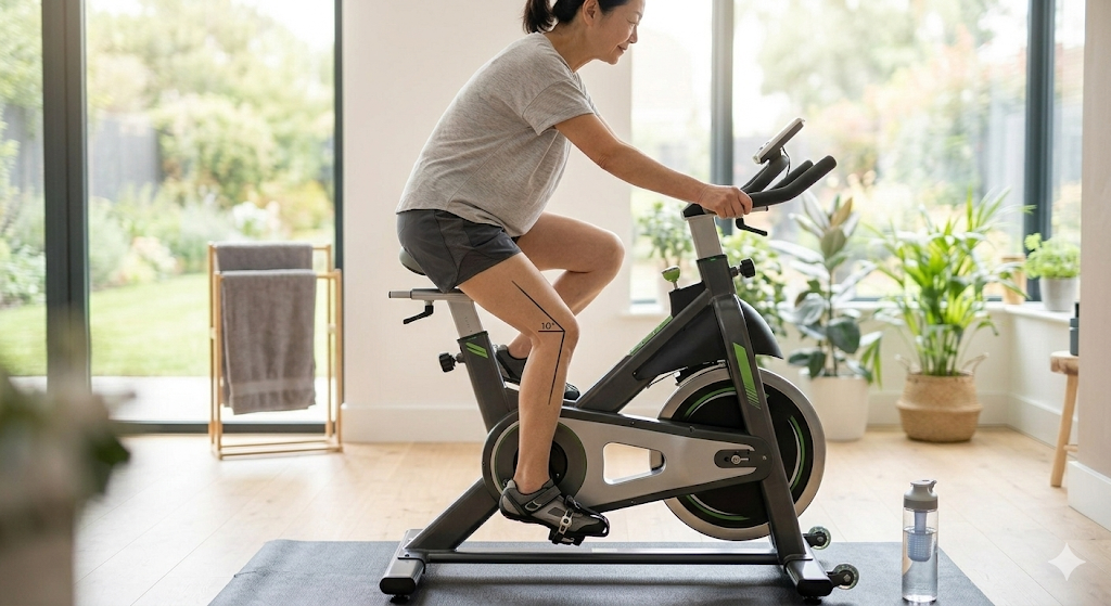 실내 자전거를 타고 있는 여성