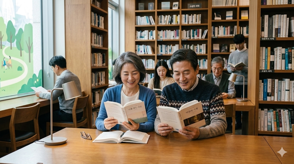 도서관에서 책을 읽는 중년 남녀